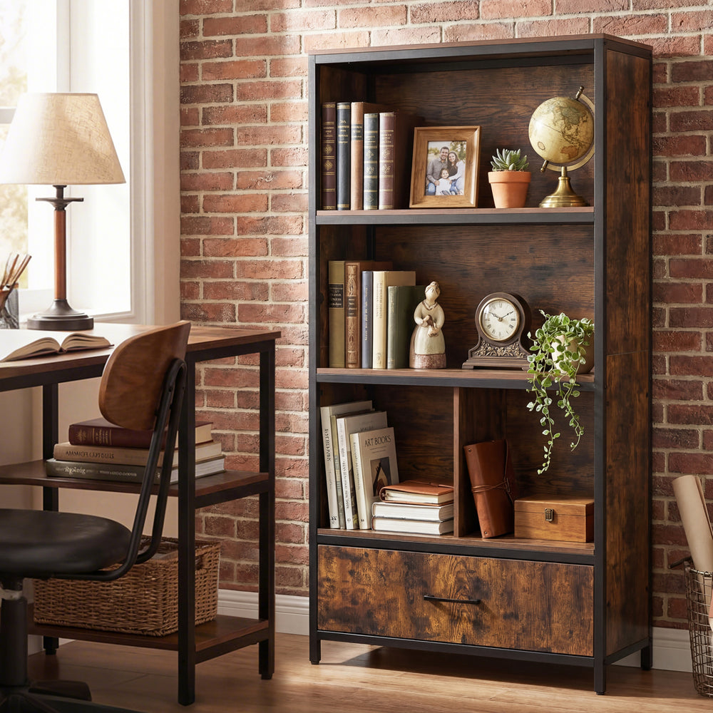 Rustic brown 56" tall bookcase with a single fabric drawer and open shelves, perfect for maximizing storage in compact.