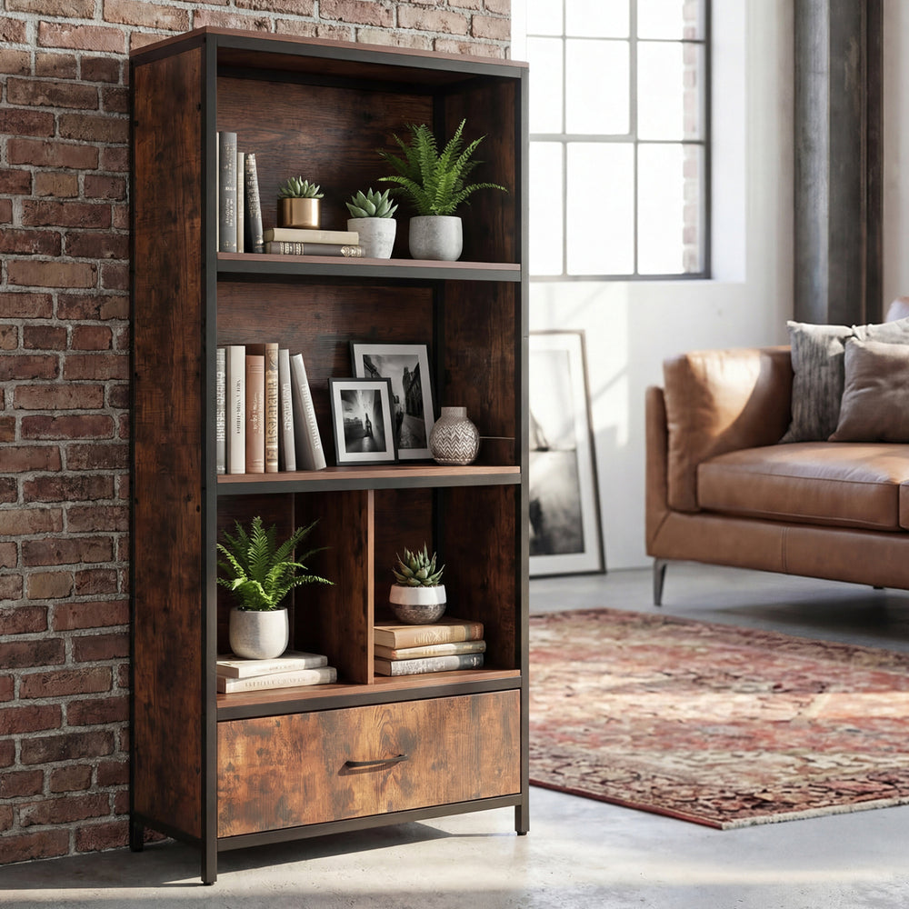 Rustic brown 56" tall freestanding bookcase with drawer, featuring open compartments and a sturdy metal frame for home.