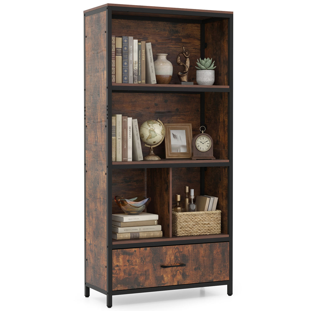 56" tall freestanding bookcase in rustic brown with five tiers, drawer, and open compartments for home office.