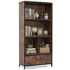 56" tall freestanding bookcase in rustic brown with five tiers, drawer, and open compartments for home office.
