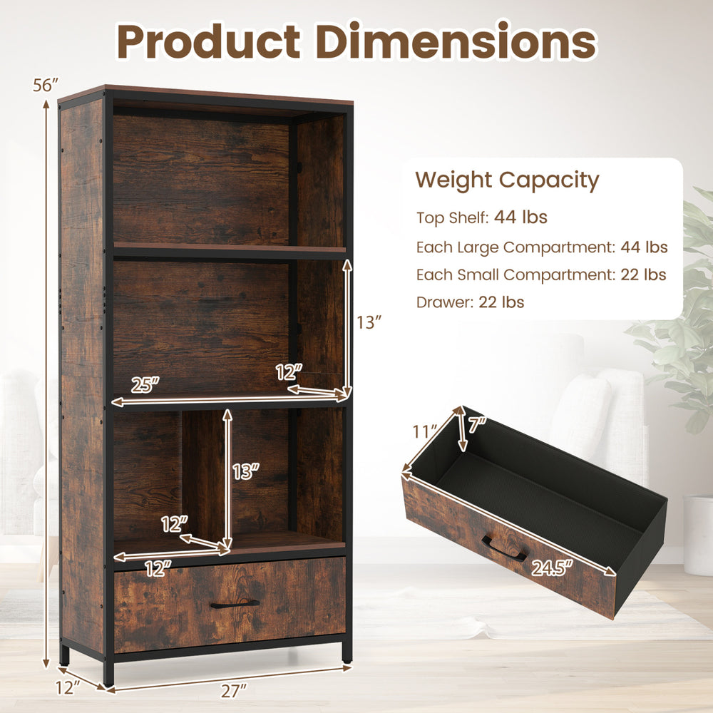 56" tall freestanding bookcase in rustic brown with five tiers and a fabric drawer, ideal for home office organization.
