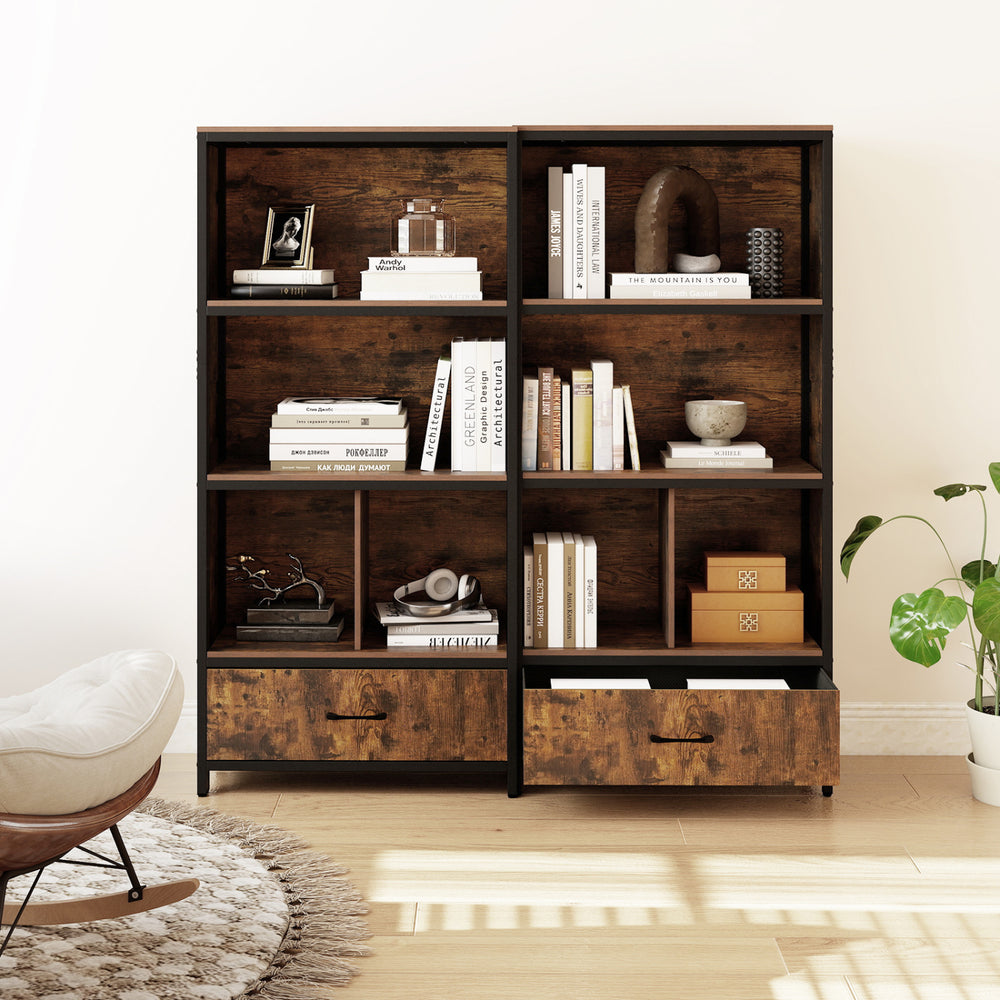 56" tall freestanding bookcase in rustic brown with open compartments and fabric drawers for home office or living room.