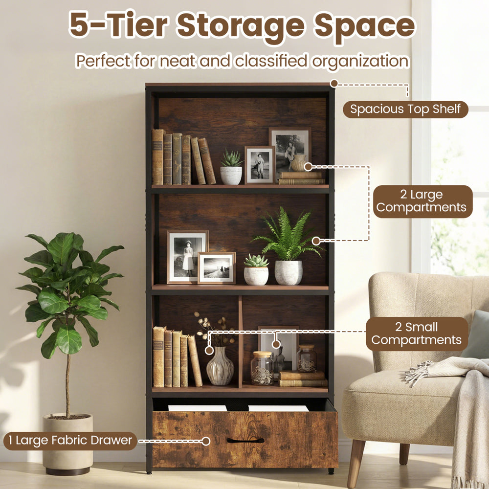 5-tier rustic brown bookcase with a fabric drawer and open compartments, ideal for home office or living room.
