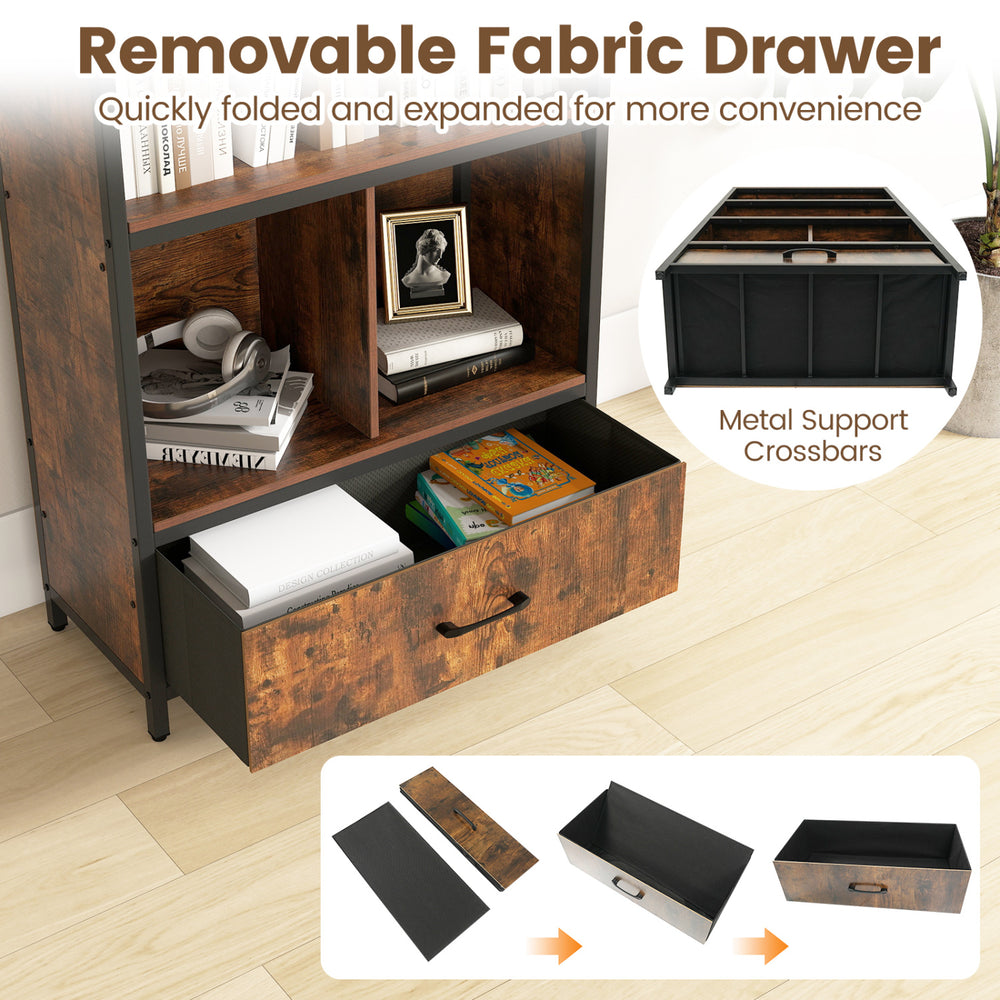 56" tall freestanding bookcase in rustic brown with a removable fabric drawer for organized storage and easy access.