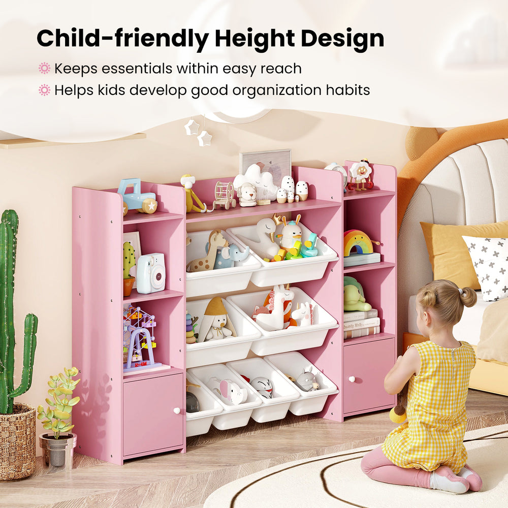 Large pink toy storage organizer with 8 removable bins and 6 cubbies, designed for easy access and child-friendly use.