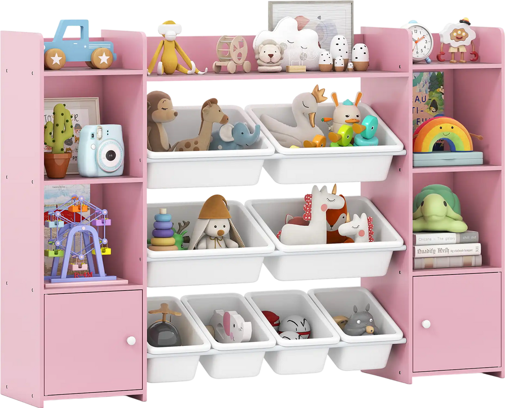 Large pink toy storage organizer with 8 removable bins and 6 cubbies, perfect for kids' rooms and playrooms.