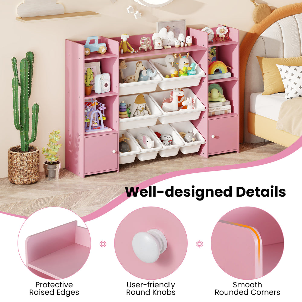 Large pink toy storage organizer with 8 removable bins and rounded corners, ideal for kids' rooms or playrooms.