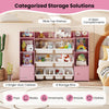 Large pink toy storage organizer featuring 8 removable bins and 2 cabinets, ideal for kids' rooms and playrooms.