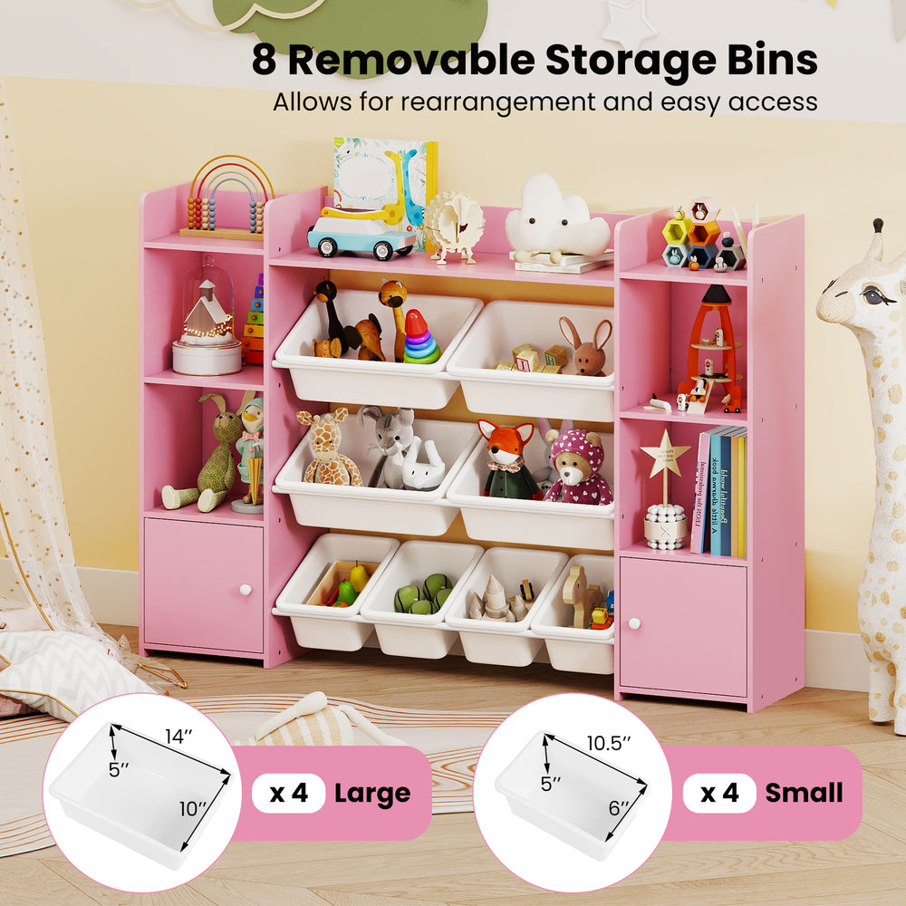 Pink toy storage organizer with 8 removable bins and 6 cubbies, perfect for kids' rooms and playrooms.