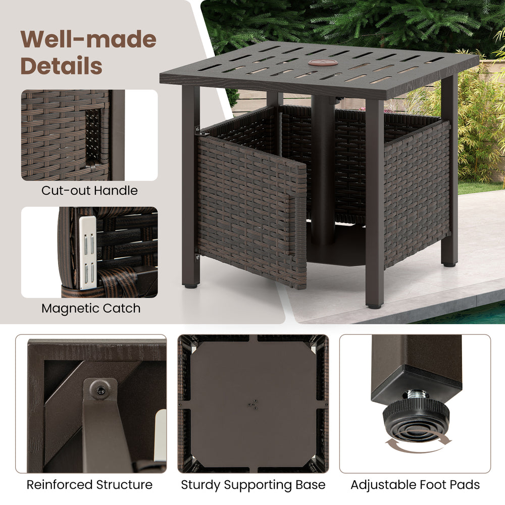 Close-up of the brown outdoor side table with a 1.93" umbrella hole, featuring a sturdy PE wicker design for patio use.