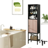 Narrow 57-inch black bathroom tall cabinet with 1 door, 4 shelves, and countertop for versatile storage solutions.