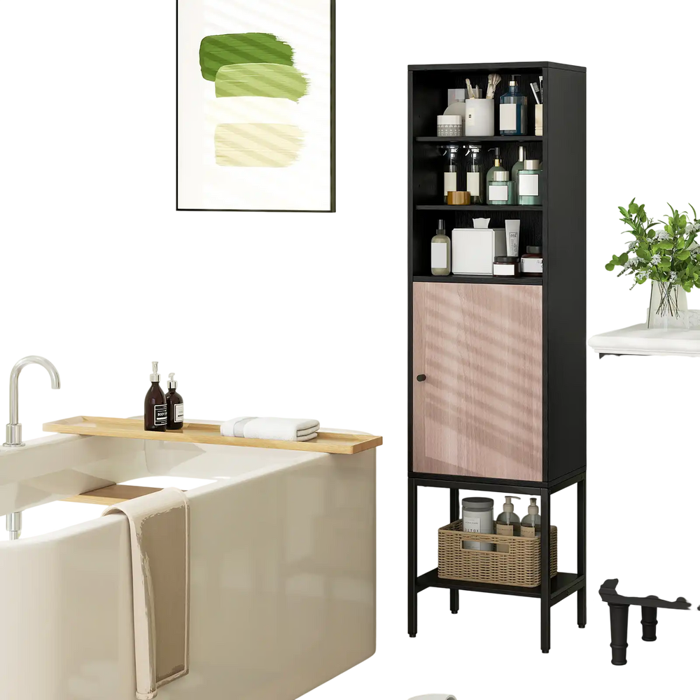 Narrow 57-inch black bathroom tall cabinet with 1 door, 4 shelves, and countertop for versatile storage solutions.