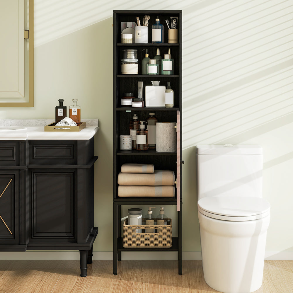 Compact 57-inch black bathroom cabinet showcasing 3 open compartments, a cabinet, and a storage shelf for organized.