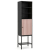 Narrow 57-inch bathroom tall cabinet in black with 1 door, 4 shelves, and metal legs for versatile storage solutions.