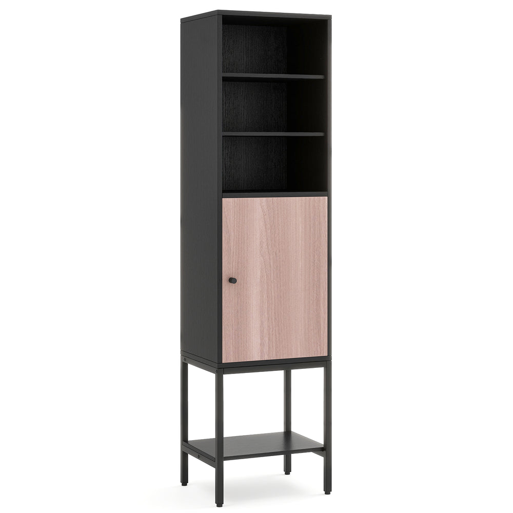 Narrow 57-inch bathroom tall cabinet in black with 1 door, 4 shelves, and metal legs for versatile storage solutions.