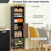 Tall black bathroom cabinet with 1 door, 4 shelves, and countertop, ideal for compact storage in various rooms.