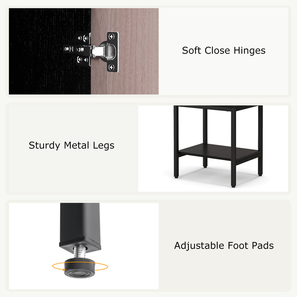 Soft close hinges and sturdy metal legs of the 57-inch black bathroom tall cabinet with adjustable foot pads.