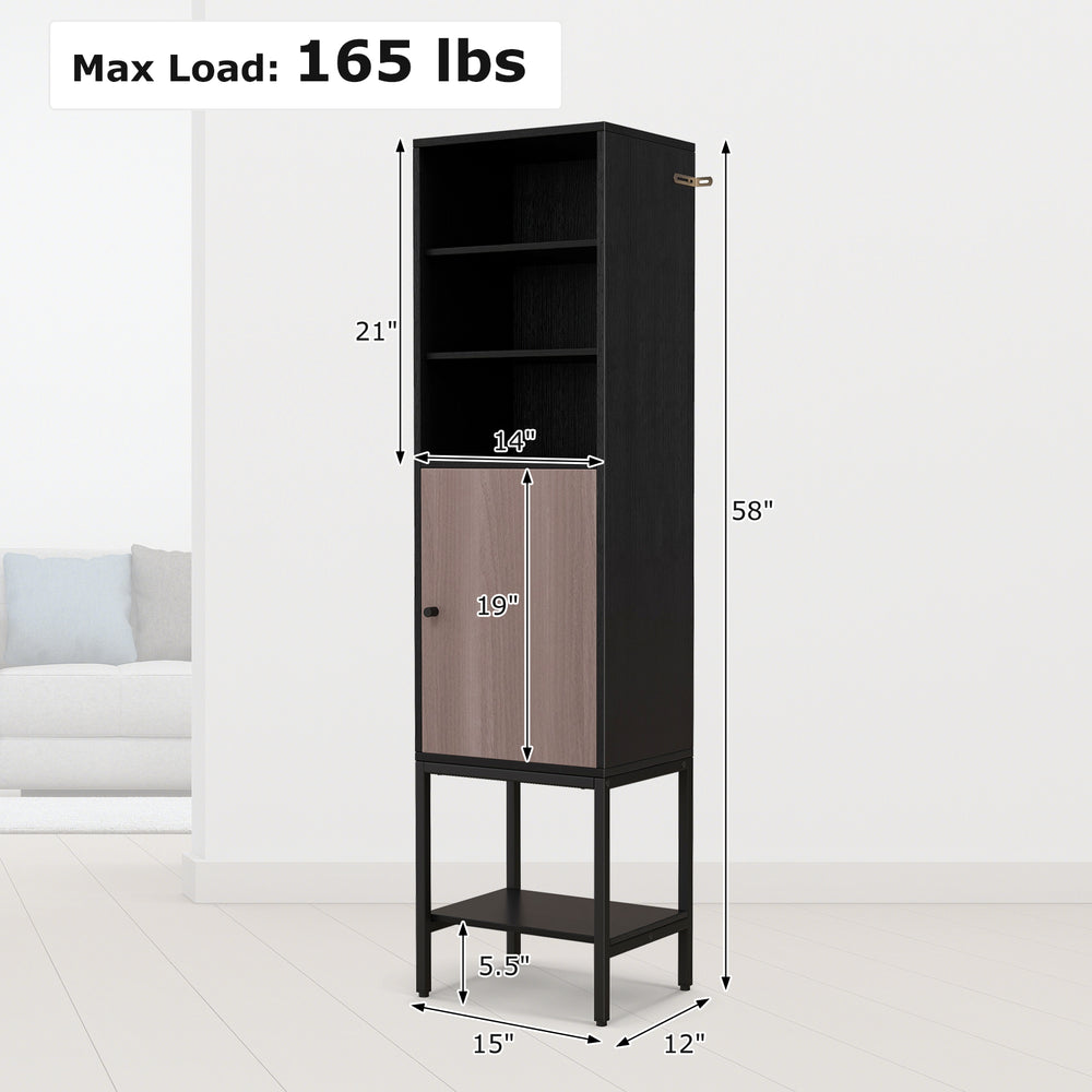 Narrow black bathroom tall cabinet with 1 door and 4 shelves, featuring adjustable shelves and sturdy metal legs.