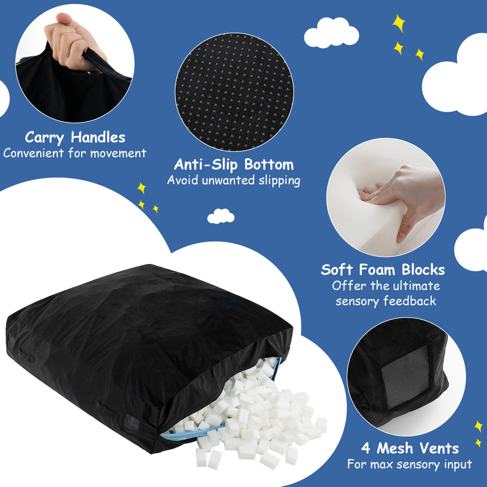 Black 57 x 57 inch crash pad sensory mat filled with soft foam blocks, featuring a washable velvet cover and anti-slip.
