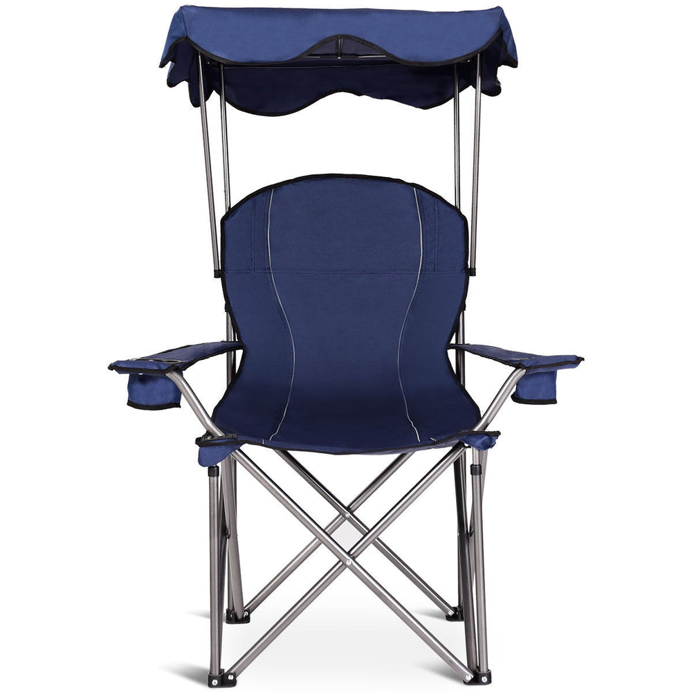 Portable folding beach canopy chair in blue with adjustable shade, cup holders, and ergonomic backrest for outdoor.