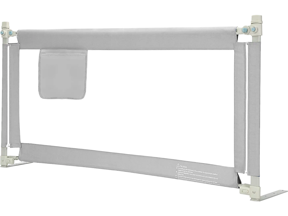 Vertical lifting baby bed rail guard in gray, featuring adjustable heights and a storage pocket for safety and.