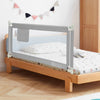 Gray 57-inch toddler bed rail guard with adjustable height, vertical lifting design, and storage pocket for safety.
