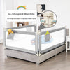 L-shaped buckle connecting two 57-inch gray baby bed rails, featuring adjustable heights and safety lock for toddlers.