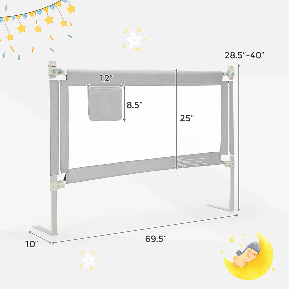 Vertical lifting baby bed rail guard in gray, adjustable height, durable steel frame, designed for safety and.