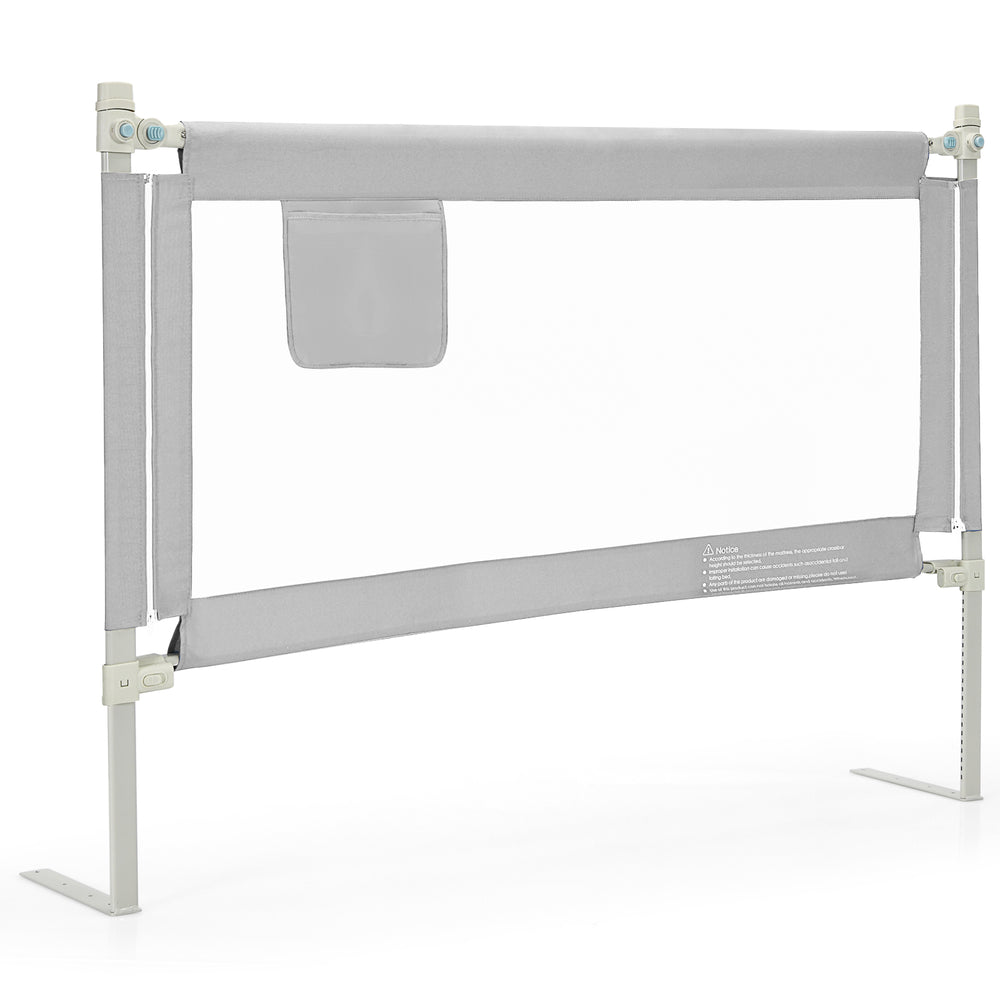 Gray 57-inch vertical lifting baby bed rail guard with adjustable height, safety lock, and storage pocket for child.