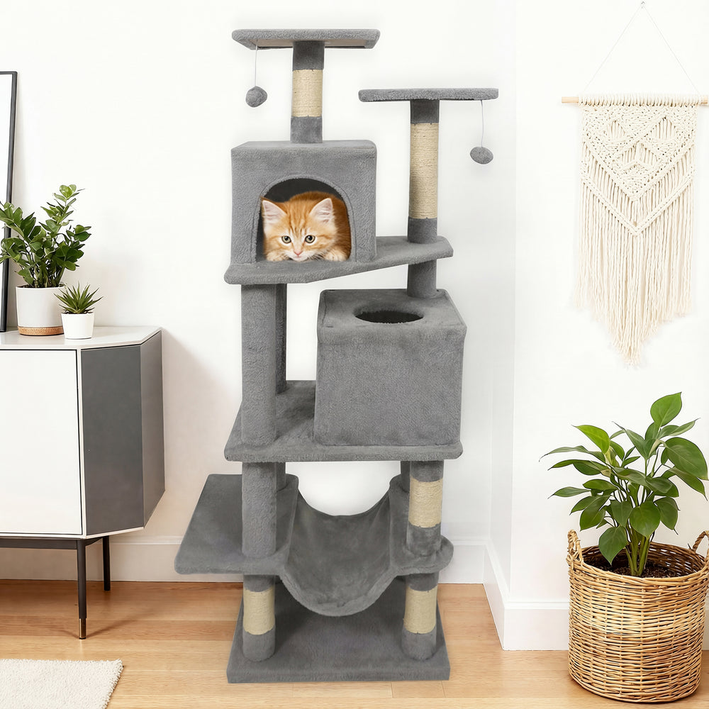 57 Inch Cat Tree with Dual Condos and Hammock and 2 Dangling Balls-Light Gray - Gallery View 1 of 10