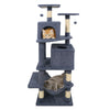 Multi-level 57-inch gray cat tree with dual condos, hammock, and dangling balls for active feline play and relaxation.