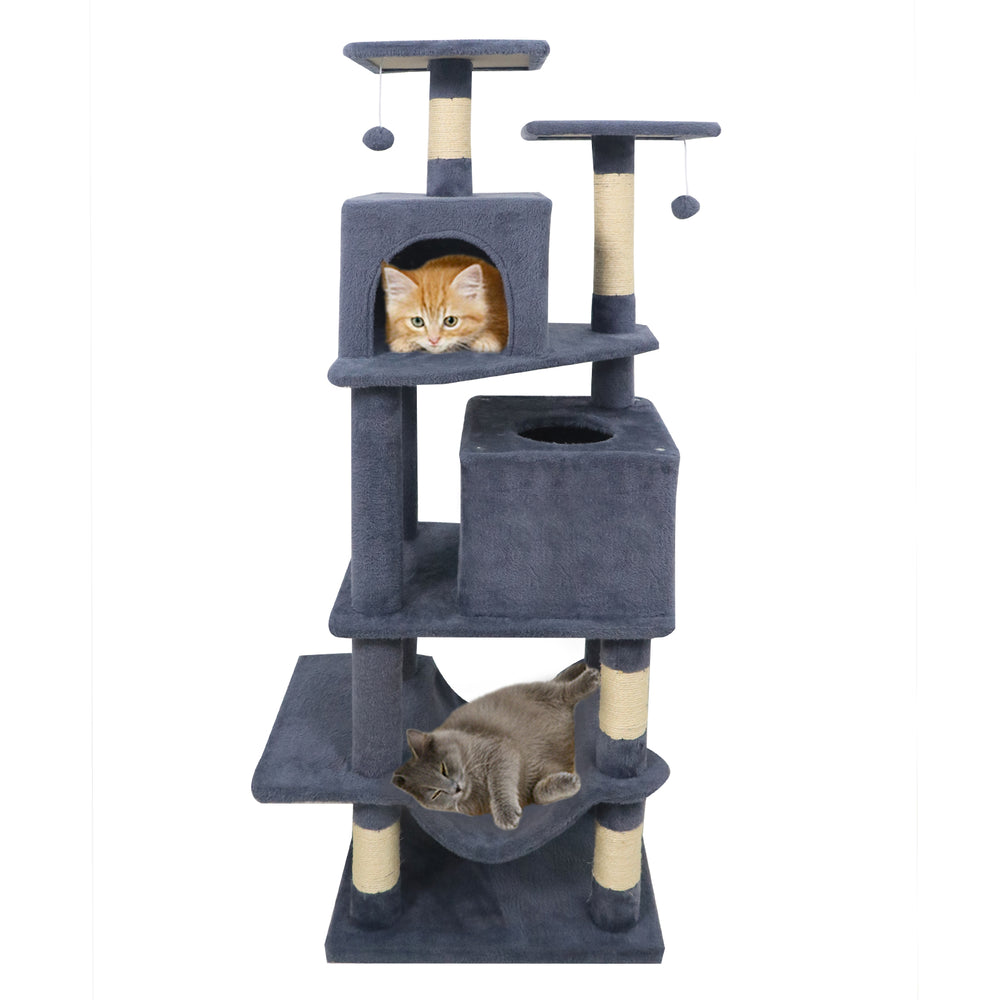 Multi-level 57-inch gray cat tree with dual condos, hammock, and dangling balls for active feline play and relaxation.
