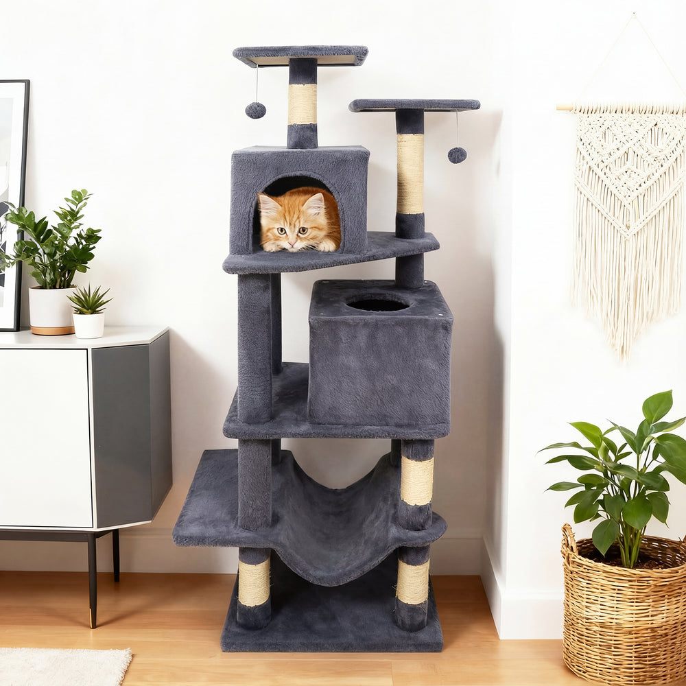Multi-level 57-inch gray cat tree with dual condos, hammock, and dangling balls for active feline fun and relaxation.