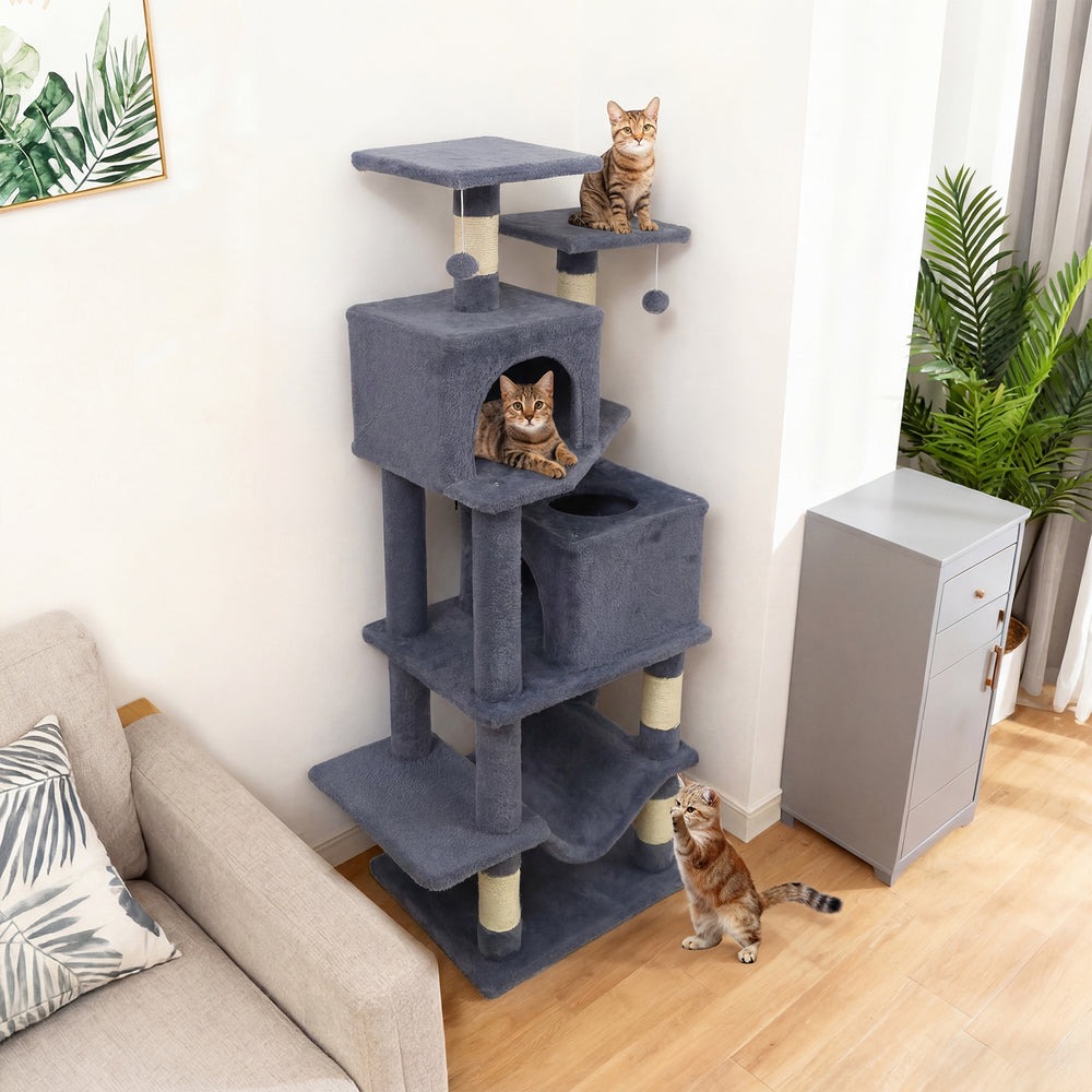 57 Inch Cat Tree with Dual Condos and Hammock and 2 Dangling Balls-Gray - Gallery View 1 of 10