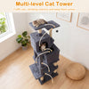 Multi-level gray cat tower featuring dual condos, hammock, and dangling balls for active feline play and relaxation.