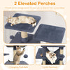Multi-level 57-inch gray cat tree with dual condos, hammock, and two dangling plush balls for active play.