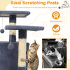 Gray 57-inch cat tree featuring dual condos, hammock, sisal scratching posts, and two dangling balls for feline fun.