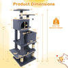 Dimensions of the 57-inch gray cat tree featuring dual condos, hammock, and scratching posts for active play.