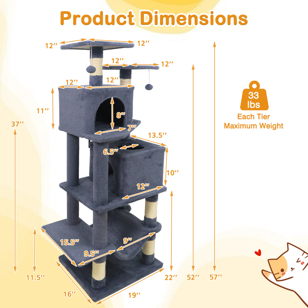 Dimensions of the 57-inch gray cat tree featuring dual condos, hammock, and scratching posts for active play.