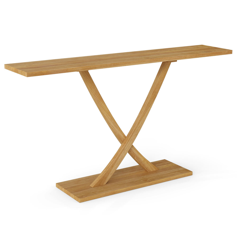 Solid wood console table featuring a teak wood frame and geometric design, ideal for living room or hallway use.
