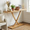Solid wood console table with teak frame and geometric design, featuring a spacious 57" tabletop for versatile use.