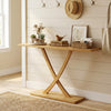 Solid wood console table with teak frame, featuring a geometric design, perfect for entryways or living rooms.