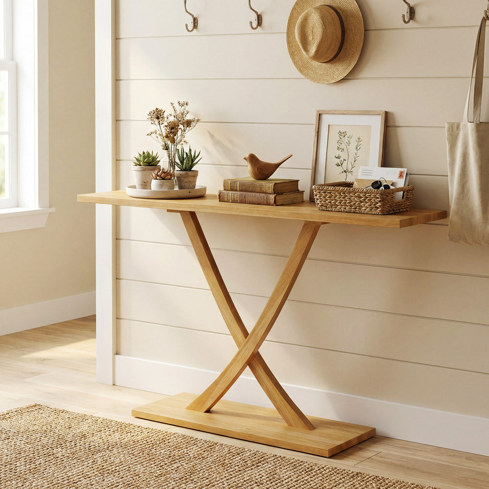 Solid wood console table with teak frame, featuring a geometric design, perfect for entryways or living rooms.