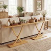 Solid wood console table with teak frame and geometric design, featuring a spacious 57" tabletop for versatile living.