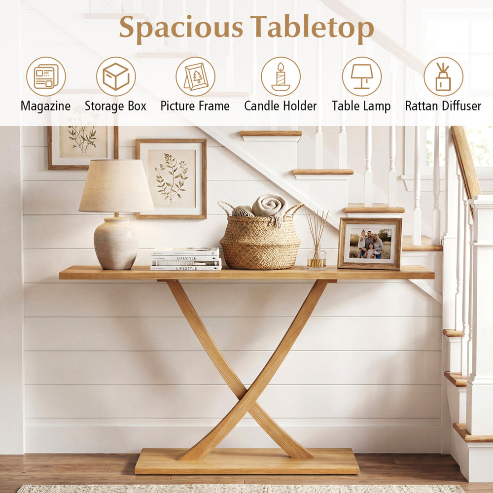 57-inch solid wood console table with teak frame, showcasing a spacious tabletop for magazines and decor in a rustic.