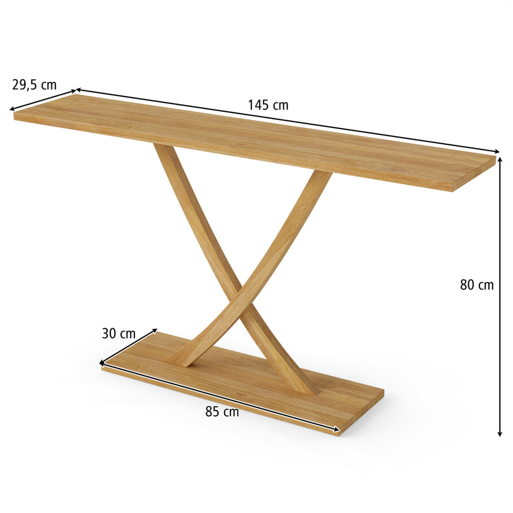 Solid wood console table with teak frame, geometric design, 57" tabletop, ideal for living room or hallway use.
