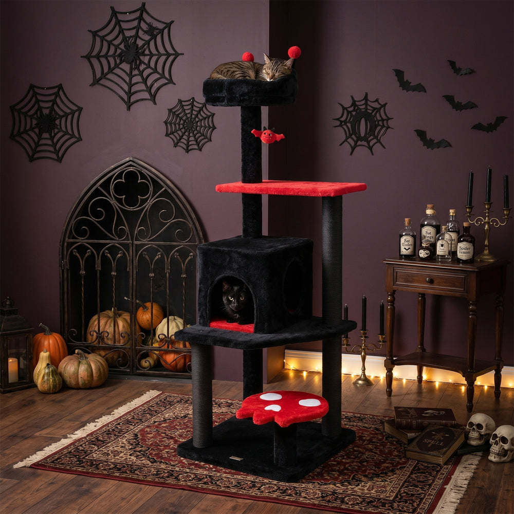 57" Spooky Cat Tower with Padded Perch and Spider-shaped Hanging Toy-Red - Gallery View 1 of 11