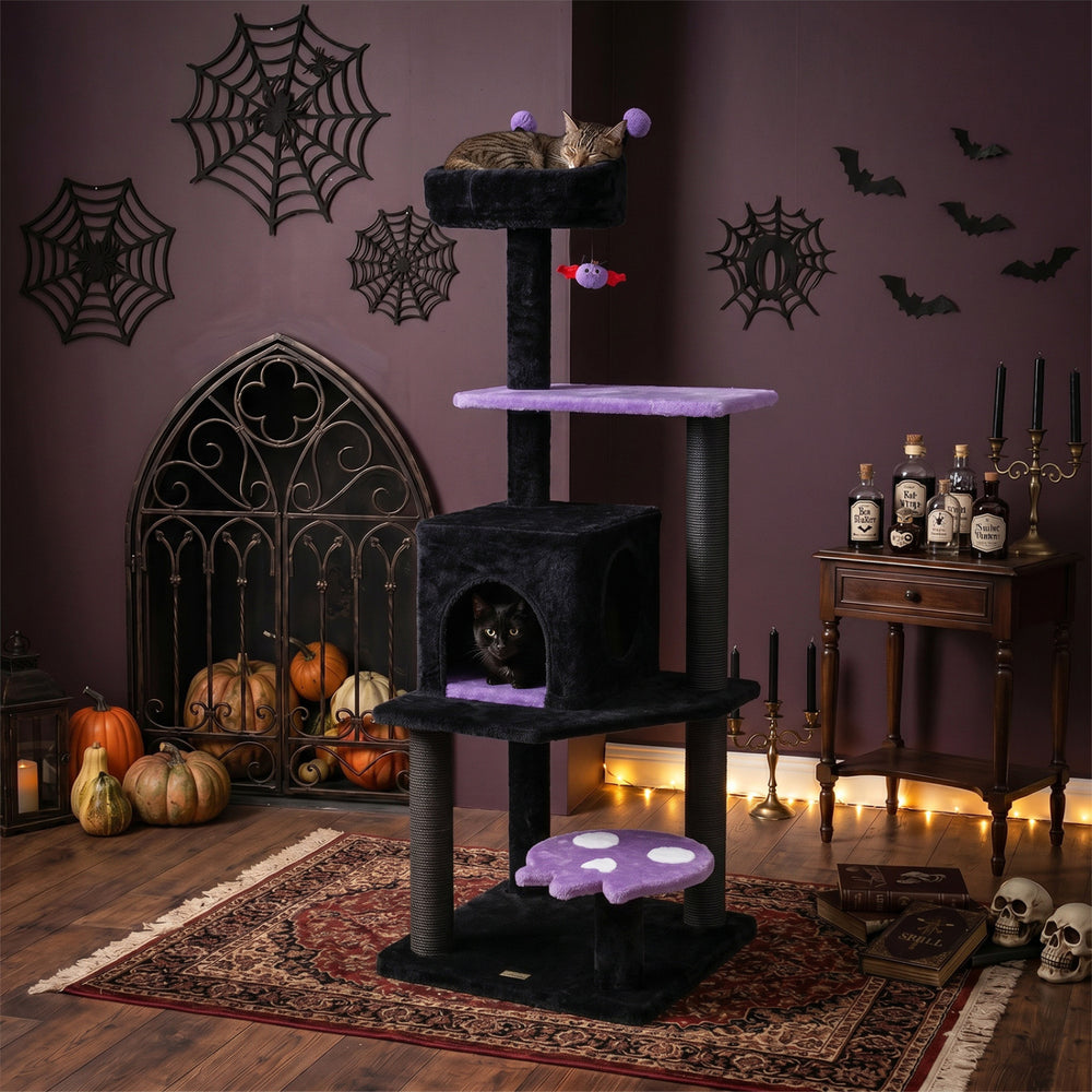 Gothic-style 57" cat tower with plush fabric, featuring a cozy hideaway and spider-shaped toy for playful feline.