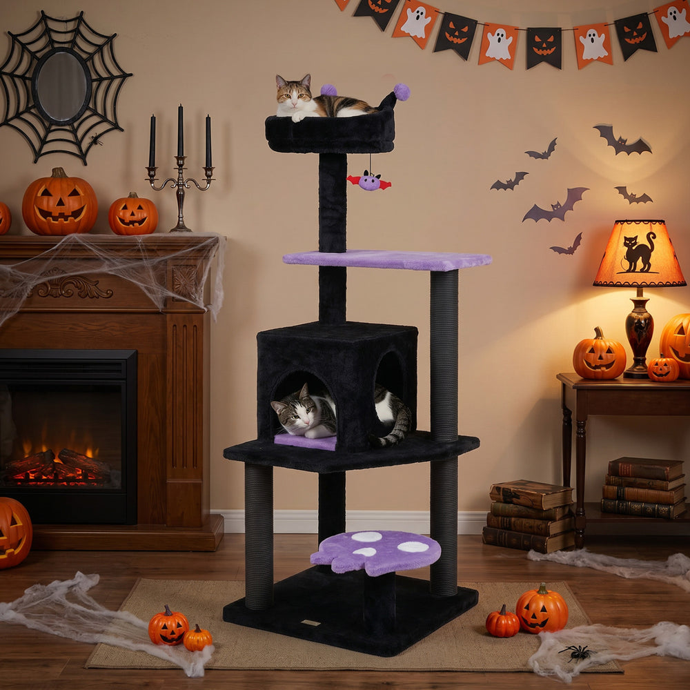 Multi-level 57" spooky cat tower in purple with removable perch, cozy condo, and spider-shaped toy for playful cats.