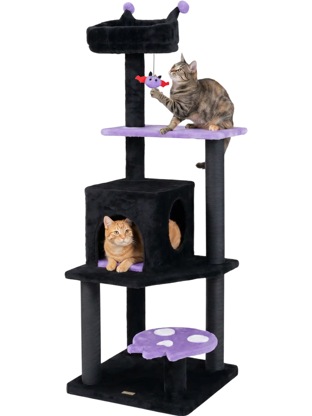 Multi-level 57" spooky cat tower in purple with comfy perch, spacious condo, and spider-shaped toy for playful cats.